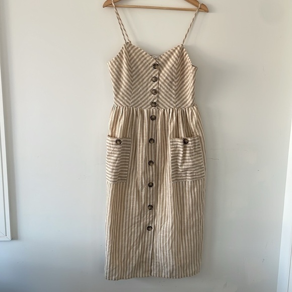 Pink Martini The Selena midi Dress in Beige stripes spaghetti straps size L - Picture 4 of 12
